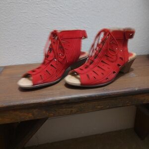 Earth Red Lace-Up Peep Toe Heeled Sandals